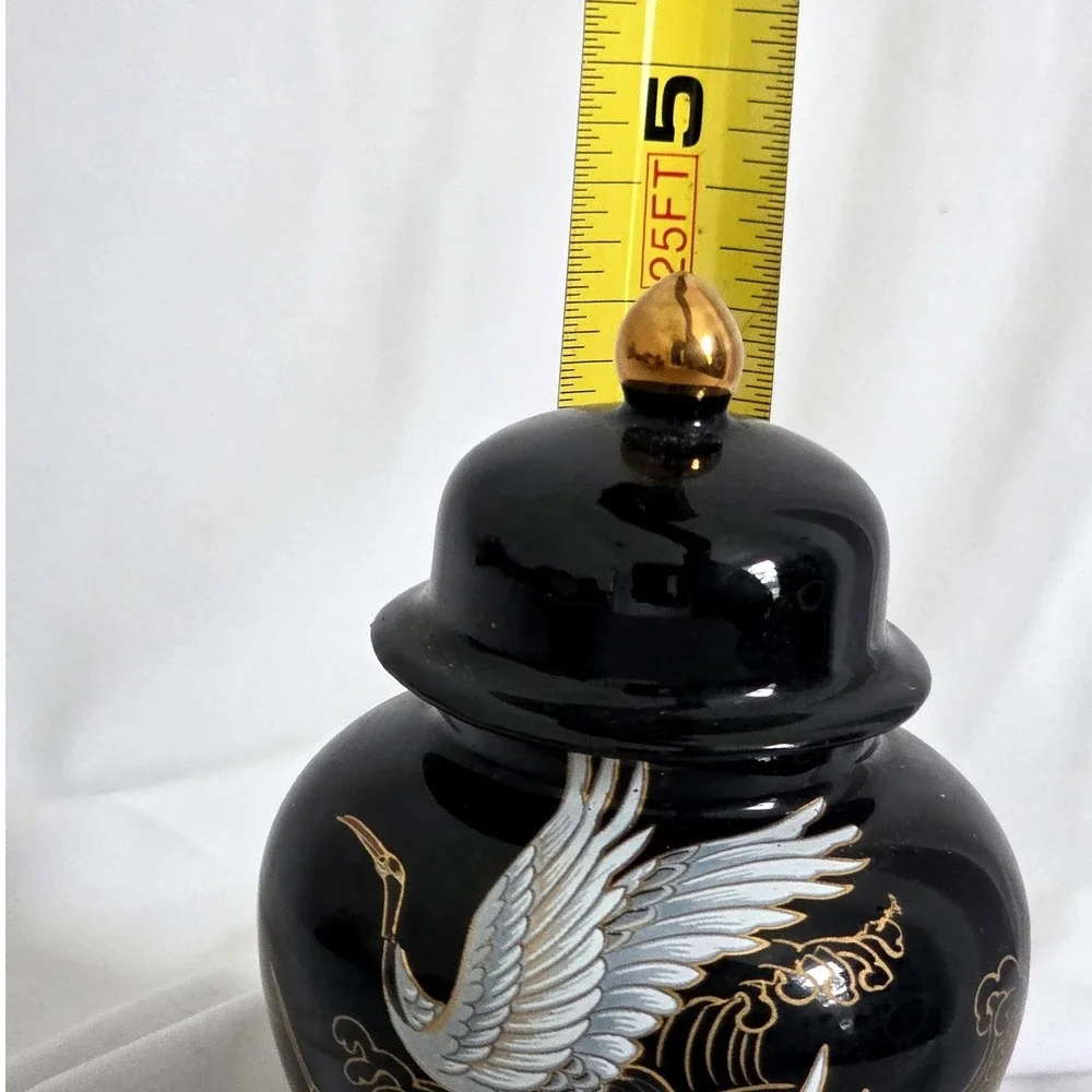 Shibata Japan Black Porcelain Jar White Cranes Gold Accents 5 Inch
